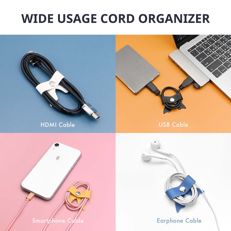 SenseAGE 5 Pack Cord Organizer, Bow Cord Keeper, Cable Organizer USB Holder, Leather Cable Management, Cable Straps, Earphone Winder, Storage Straps for Electronics, Earbuds, Small, Random Blue - Image 2